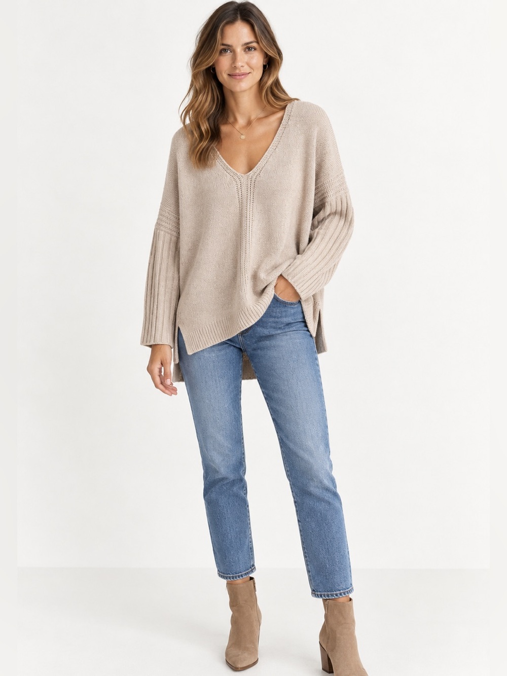 Vince Wool Yak Oversized V-Neck Sweater Beige Women’s Size S